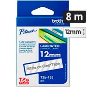 Fita para rotulador Brother, TZE, 12mm x 8m, Branca, em fundo transparente, TZE135, Brother - BT 1 UN