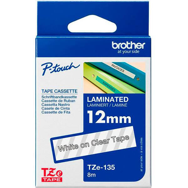 Fita para rotulador Brother, TZE, 12mm x 8m, Branca, em fundo transparente, TZE135, Brother - BT 1 UN Fita para rotulador Brother, TZE, 12mm x 8m, Branca, em fundo transparente, TZE135, Brother - BT 1 UN