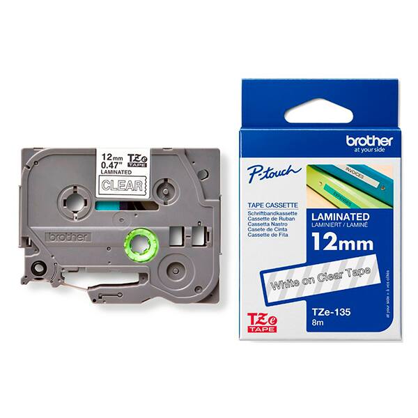 Fita para rotulador Brother, TZE, 12mm x 8m, Branca, em fundo transparente, TZE135, Brother - BT 1 UN Fita para rotulador Brother, TZE, 12mm x 8m, Branca, em fundo transparente, TZE135, Brother - BT 1 UN