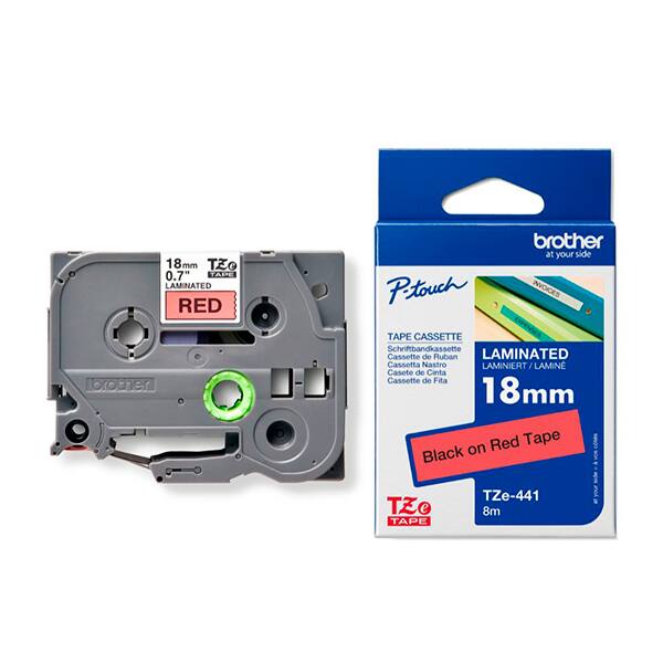 Fita para rotulador Brother 18mm, Preto com fundo vermelho, Laminada, TZE441, Brother - CX 1 UN