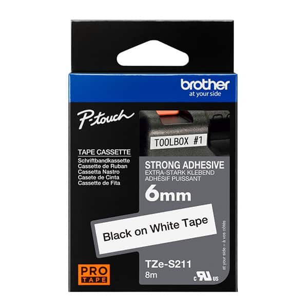 Fita para rotulador Brother 6mm super cola, Preto com fundo branco, TZES211, Brother - CX 1 UN