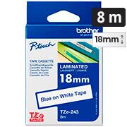 Fita para rotulador Brother 18mm, Azul com fundo branco, Laminada, TZE243, Brother - CX 1 UN