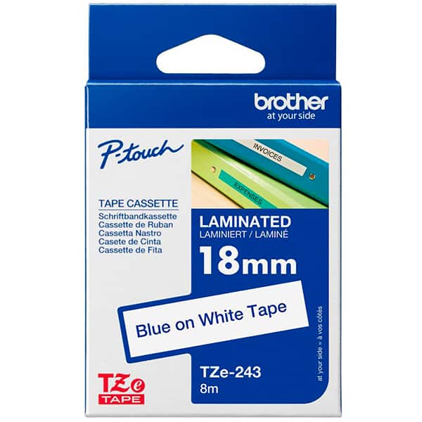 Fita para rotulador Brother 18mm, Azul com fundo branco, Laminada, TZE243, Brother - CX 1 UN