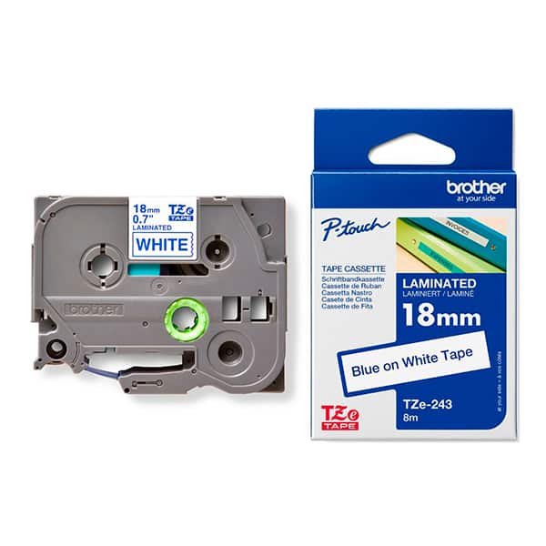 Fita para rotulador Brother 18mm, Azul com fundo branco, Laminada, TZE243, Brother - CX 1 UN