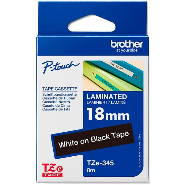 Fita para rotulador Brother 18mm, Branco com fundo preto, Laminada, TZE345, Brother - CX 1 UN