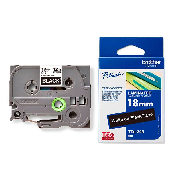 Fita para rotulador Brother 18mm, Branco com fundo preto, Laminada, TZE345, Brother - CX 1 UN