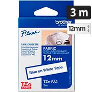 Fita para rotulador Brother 12mm Para tecidos, Azul e Branco, TZEFA3, Brother - CX 1 UN