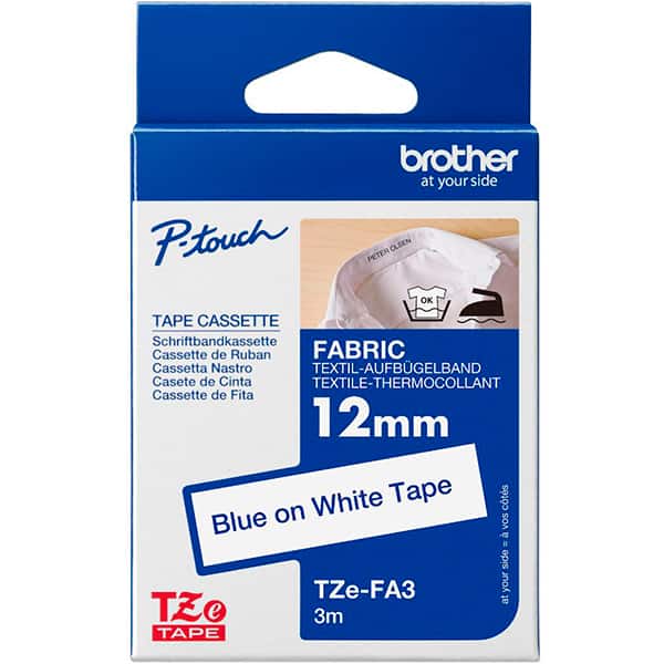 Fita para rotulador Brother 12mm Para tecidos, Azul e Branco, TZEFA3, Brother - CX 1 UN