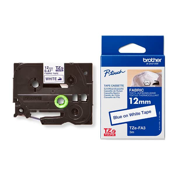 Fita para rotulador Brother 12mm Para tecidos, Azul e Branco, TZEFA3, Brother - CX 1 UN