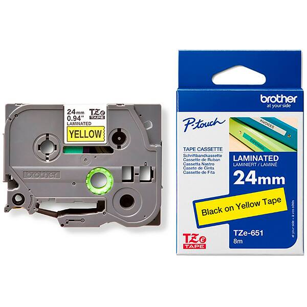 Fita para rotulador Brother TZE, 24mm x 8m, Amarela, Escrita preta, TZE651, Brother - BT 1 UN Fita para rotulador Brother TZE, 24mm x 8m, Amarela, Escrita preta, TZE651, Brother - BT 1 UN