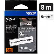 Fita para rotulador Brother TZe, 9mm x 8m, Branco, Escrita preta, Super cola, TZES221, Brother - BT 1 UN Fita para rotulador Brother TZe, 9mm x 8m, Branco, Escrita preta, Super cola, TZES221, Brother - BT 1 UN