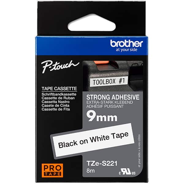 Fita para rotulador Brother TZe, 9mm x 8m, Branco, Escrita preta, Super cola, TZES221, Brother - BT 1 UN
