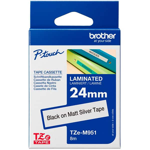 Fita para rotulador Brother TZe, 24mm x 8m, Prata, Escrita preta, Super cola, TZESM951, Brother - BT 1 UN