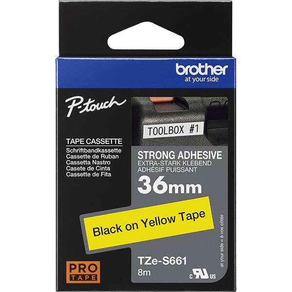 Fita para rotulador Brother Tze, 36mm x 8m, Preto/Amarelo, Super cola, TZES661, Brother - BT 1 UN