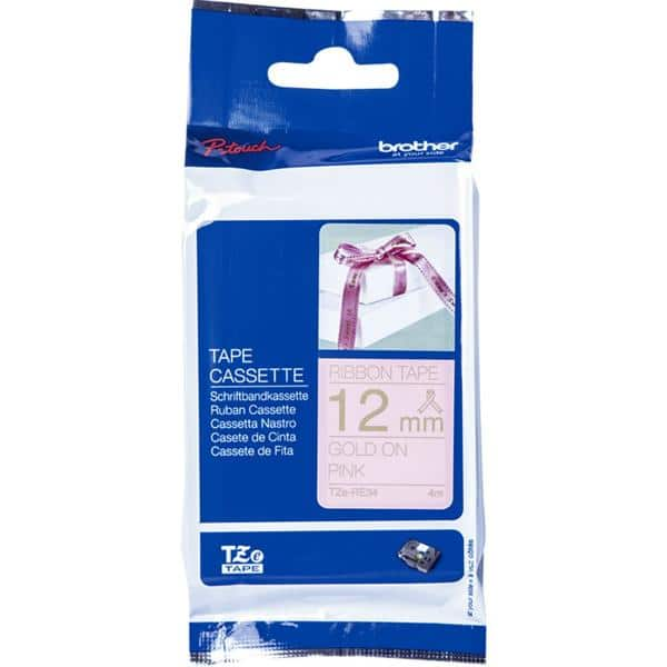 Fita para rotulador Brother TZE, 12mm x 4m, Pink, Escrita ouro cetim, TZe-RE34, Brother - CX 1 UN