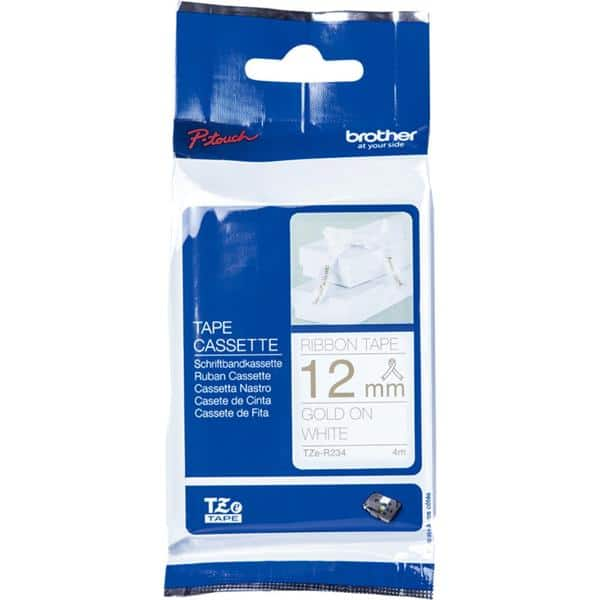 Fita para rotulador Brother TZE, 12mm x 4m, Branca, Escrita ouro cetim, TZe-R234, Brother - CX 1 UN