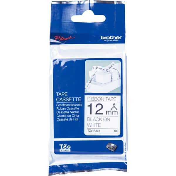 Fita para rotulador Brother TZE, 12mm x 4m, Branca, Escrita preta para cetim, TZe-R231, Brother - CX 1 UN