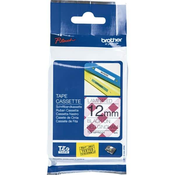 Fita para rotulador Brother TZE, 12mm x 4m, Xadrez, Escrita preta plástica laminada, TZe-MPRG31, Brother - CX 1 UN