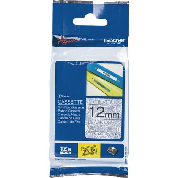 Fita para rotulador Brother TZE, 12mm x 4m, Renda prata, Escrita preta plástica laminada, TZe-MPSL31, Brother - CX 1 UN