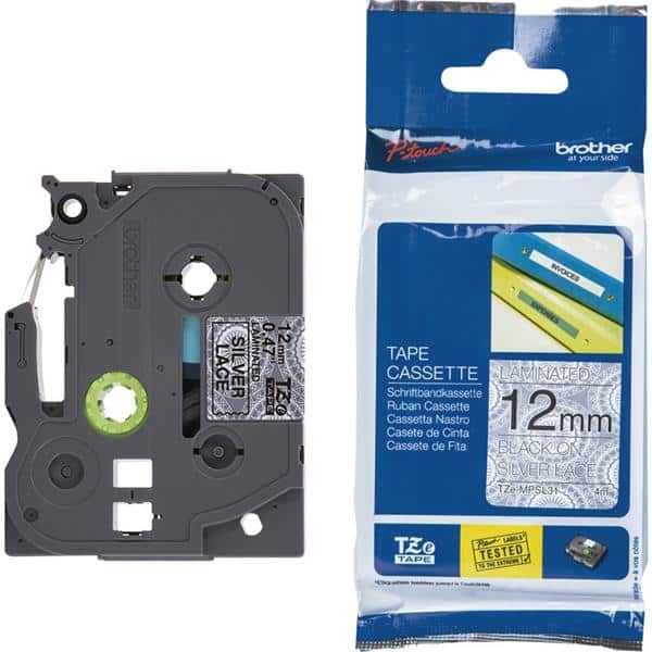 Fita para rotulador Brother TZE, 12mm x 4m, Renda prata, Escrita preta plástica laminada, TZe-MPSL31, Brother - CX 1 UN