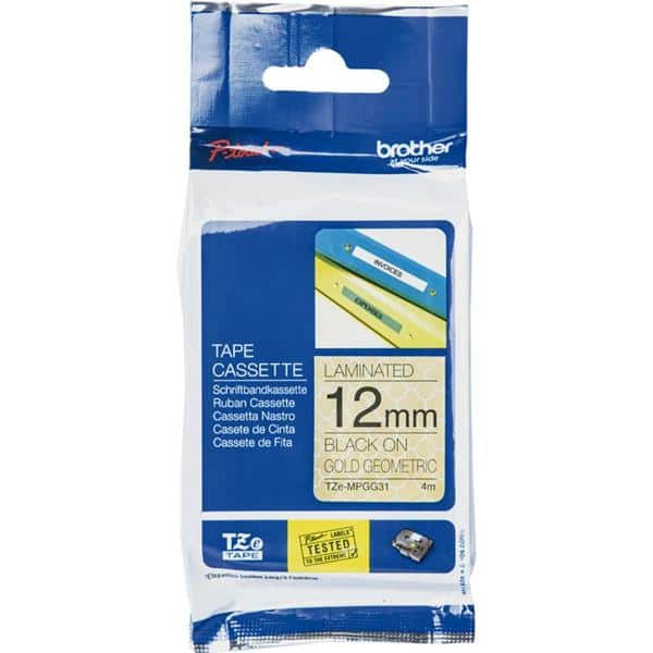 Fita para rotulador Brother TZE, 12mm x 4m, Geométrico, Escrita preta plástica laminada, TZe-MPGG31, Brother - CX 1 UN