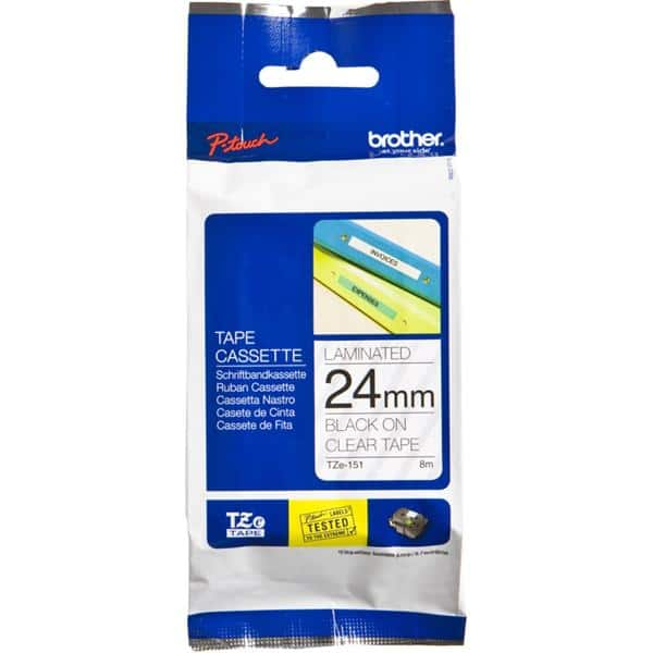 Fita para rotulador Brother TZE, 24mm x 8m, Transparente, Escrita preta, TZe151, Brother - BT 1 UN