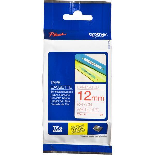 Fita para rotulador Brother TZe, 12mm x 8m, branca escrita vermelha, TZe232, Brother - BT 1 UN