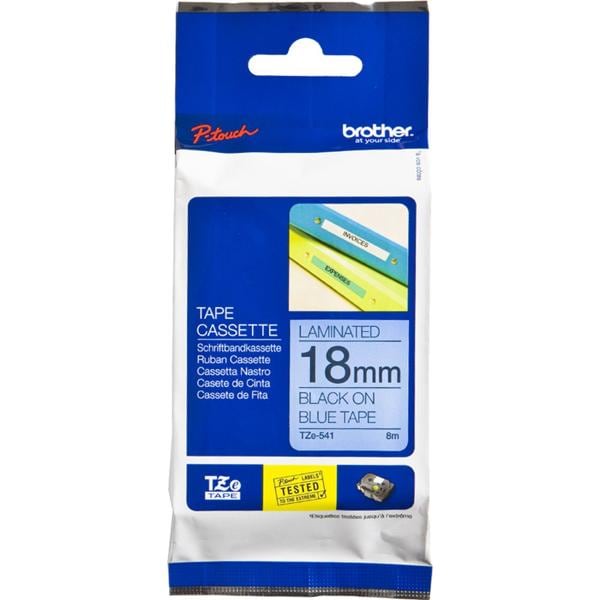 Fita para rotulador Brother TZe, 18mm x 8m, Azul escrita preta plástica laminada, TZe541, Brother - BT 1 UN