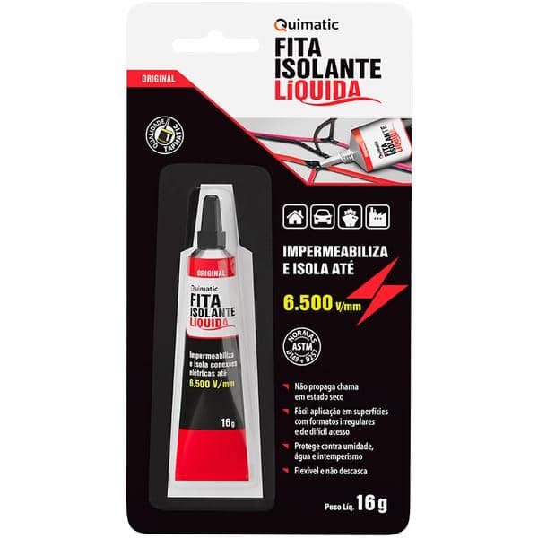 Fita isolante líquida, Bisnaga 16 g, Preta, Isola até 6.500 V/mm, Quimatic - BT 1 UN Fita isolante líquida, Bisnaga 16 g, Preta, Isola até 6.500 V/mm, Quimatic - BT 1 UN