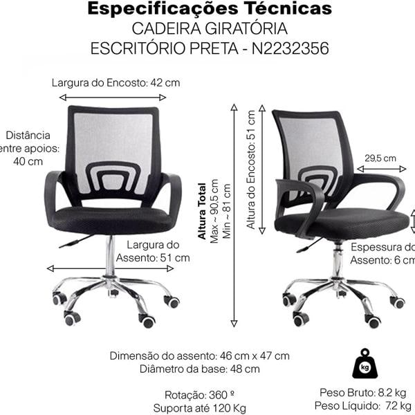 Cadeira giratória Nylon, Preta, N2232356, Conthey - CX 1 UN