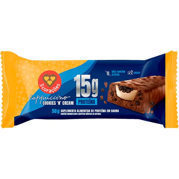 Barra de proteína Cappuccino Cookies Cream, 50g, Tres Corações - 1 UN