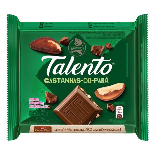 Talento ao leite, Castanha do Pará, 85g, 12492203, Chocolates Garoto - PT 1 UN