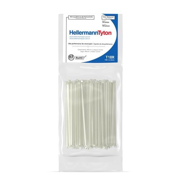 Abraçadeira de nylon 2,5x100mm natural T18R Hellermanntyton PT 100 UN