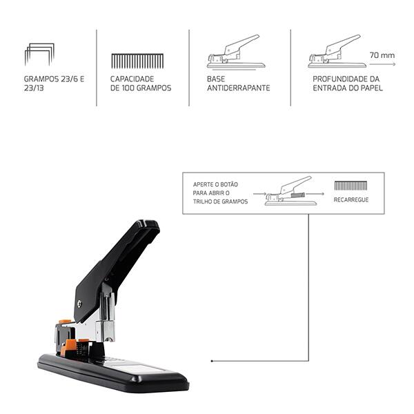 Grampeador grande 23/6 para até 100 folhas, Preto, 4956, Spiral - CX 1 UN