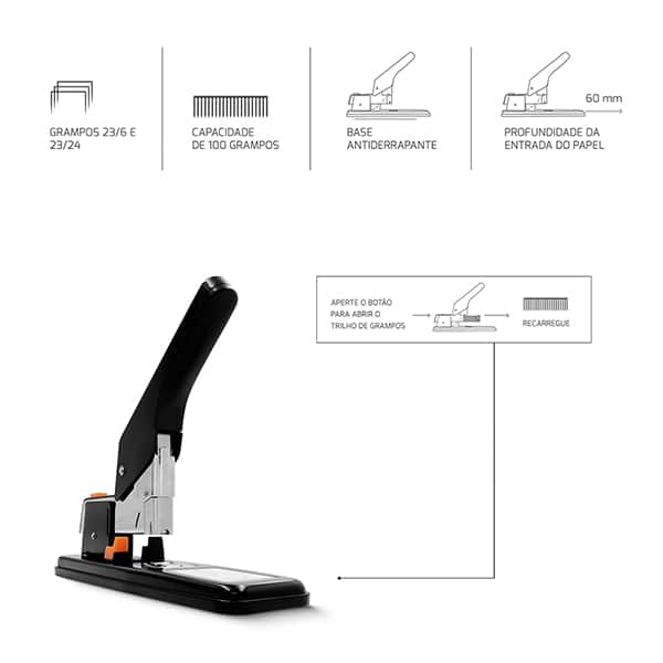 Grampeador 23/6 e 23/24 para até 210 Folhas, com Base Antiderrapante Preto, 4957a, Spiral - CX 1 UN