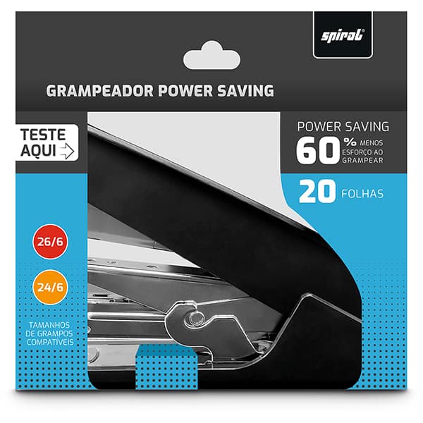 Grampeador Power Saving 26/6 e 24/6 para até 20 Folhas, 60% Menos Esforço ao Grampear Preto, 1817b, Spiral - CX 1 UN