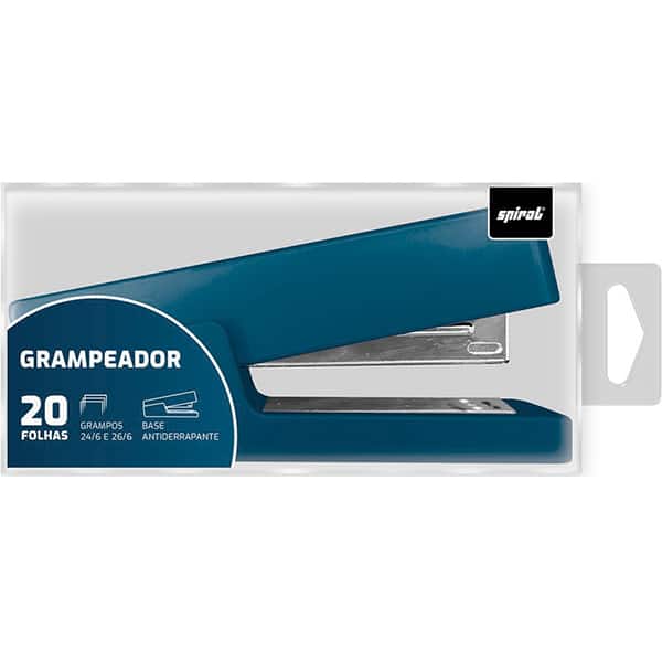 Grampeador 24/6 e 26/6 para até 20 Folhas, com Base Antiderrapante Azul, 4965a, Spiral - CX 1 UN Grampeador 24/6 e 26/6 para até 20 Folhas, com Base Antiderrapante Azul, 4965a, Spiral - CX 1 UN