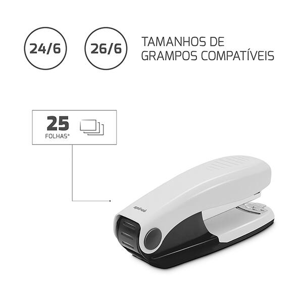 Grampeador 24/6 e 26/6, para até 25 folhas, Branco, Spiral - CX 1 UN