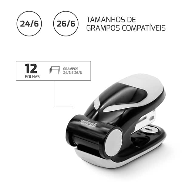 Grampeador Mini 24/6 e 26/6, para até 12 folhas, Preto, Spiral - CX 1 UN