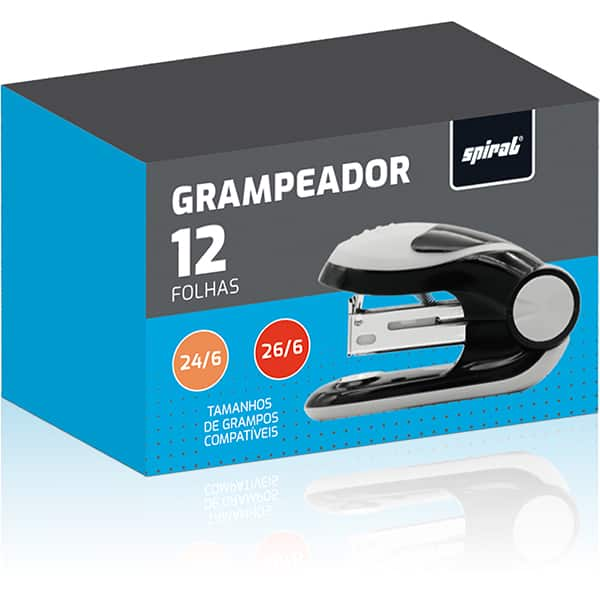 Grampeador Mini 24/6 e 26/6, para até 12 folhas, Preto, Spiral - CX 1 UN