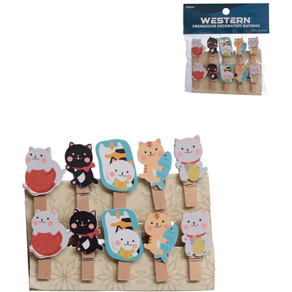 Mini prendedor de madeira decorativo, Gatinho, PRS020, Western - PT 10 UN