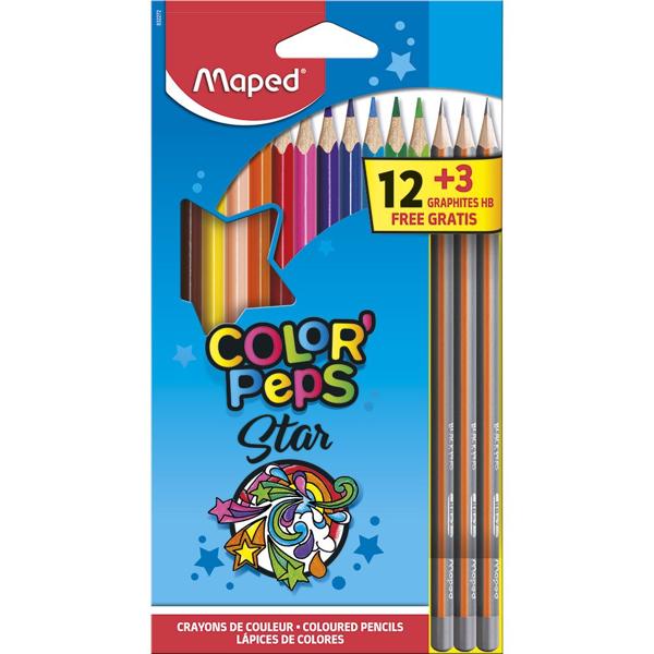 Lápis de Cor Color Peps, 12 cores + 3 lápis grafite, 832272, Maped CX 1 UN