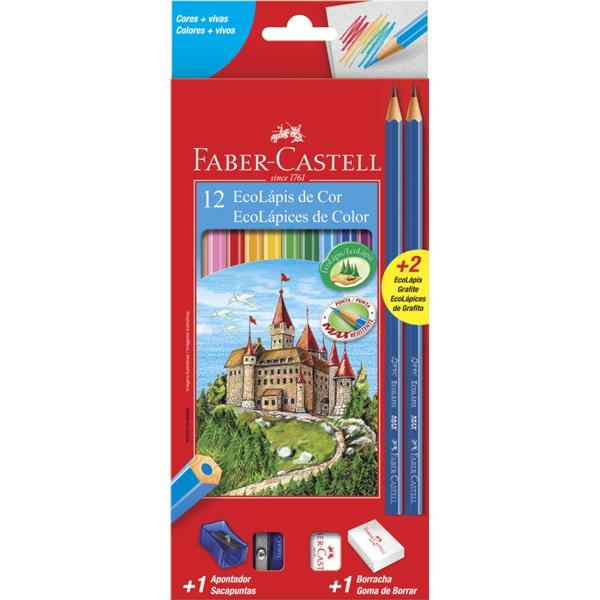 Lápis de Cor 12 Cores, Kit com Apontador, Borracha e 2 Grafite, Faber-Castell - CX 1 UN Lápis de Cor 12 Cores, Kit com Apontador, Borracha e 2 Grafite, Faber-Castell - CX 1 UN