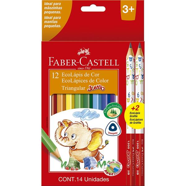 Lápis de Cor Triangular Jumbo 12 Cores + 2 Triangular Jumbo Grafite, Faber-Castell - CX 1 UN Lápis de Cor Triangular Jumbo 12 Cores + 2 Triangular Jumbo Grafite, Faber-Castell - CX 1 UN