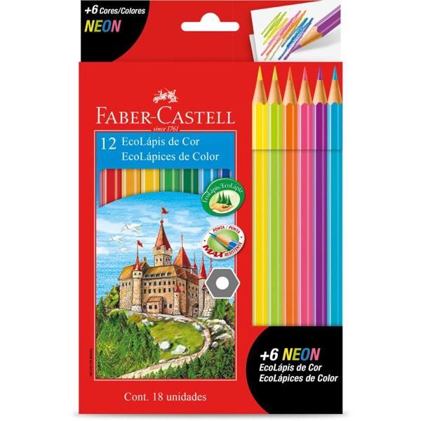 Lápis de Cor Sextavado 12 Cores + 6 Neon, Faber-Castell - ET 12 UN Lápis de Cor Sextavado 12 Cores + 6 Neon, Faber-Castell - ET 12 UN