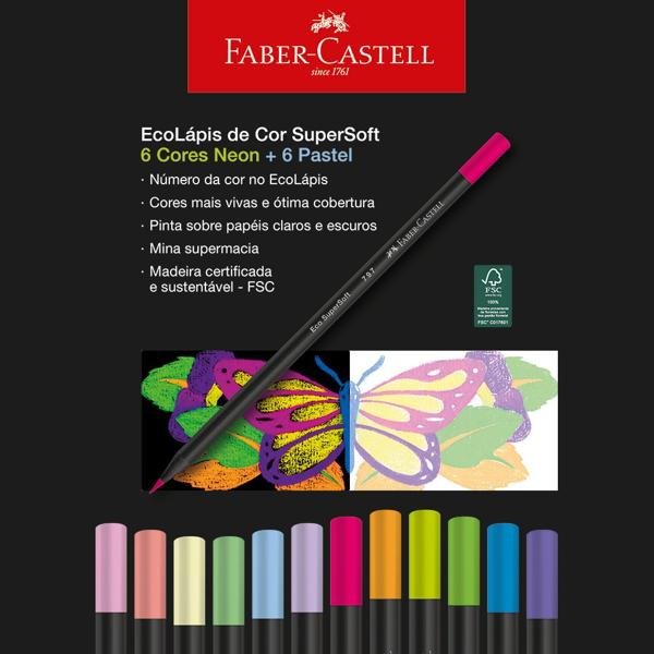 Lápis de Cor 12 Cores SuperSoft, Neon, Pastel, Faber-Castell - ET 12 UN