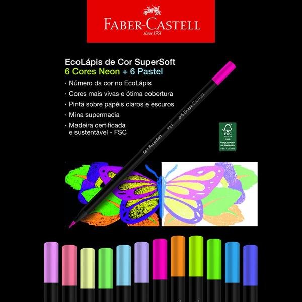 Lápis de Cor 12 Cores SuperSoft, Neon, Pastel, Faber-Castell - ET 12 UN