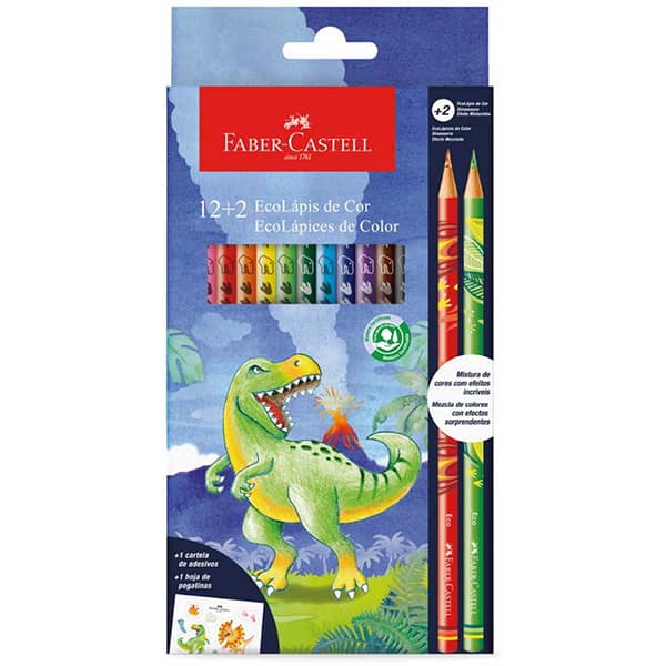 Lápis de Cor EcoLápis Dinossauros, 12 Cores, + 2 Cores misturinhas, Faber-Castell - CX 14 UN