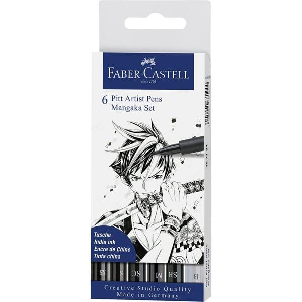 Canetas Artísticas Pitt Para Mangá Pontas Xs, S, Sc, Sb e M - na Cor 199 e Ponta B na Cor 230, 6 peças, Faber-Castell CX 1 UN