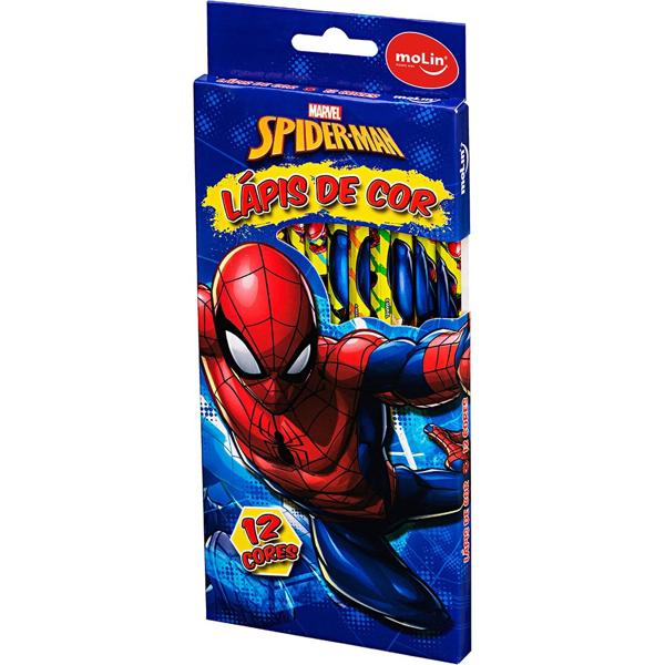 Lápis de Cor 12 Cores Sextavado Homem Aranha Spiderman Marvel Molin - CX 1 UN